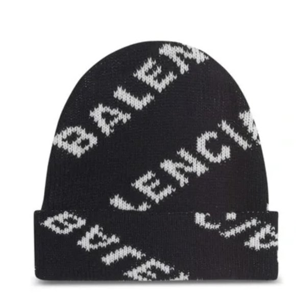 Balenciaga Archtype Allover Logo Beanie Hat in Black and White Camel Hair Wool - Picture 1 of 6